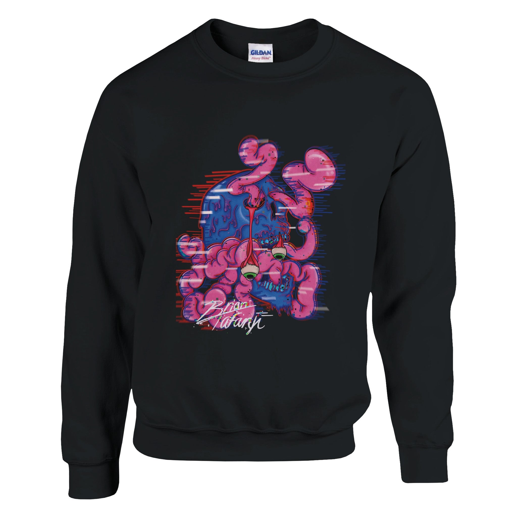 A crewneck sweatshirt with a vibrant graphic of a colorful brain explosion bursting from the top of a head, symbolizing creativity and bold expression.