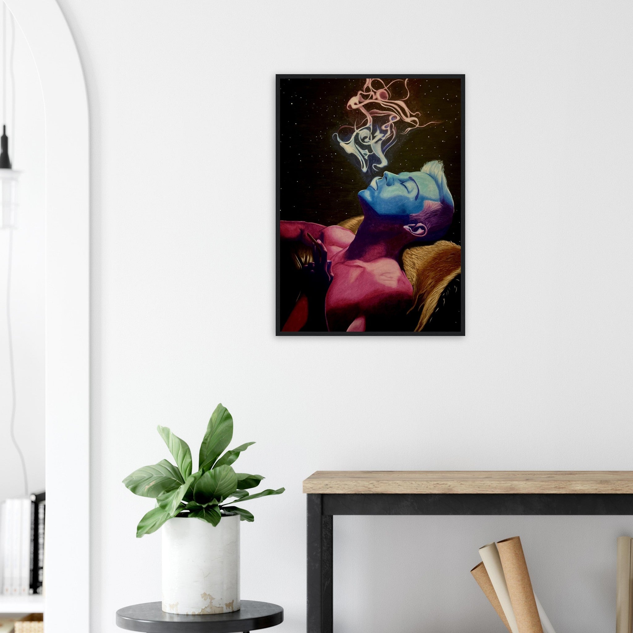 An unframed abstract art print titled “Peaceful Duality,” featuring black and white forms in symmetrical contrast to represent harmony and balance.

