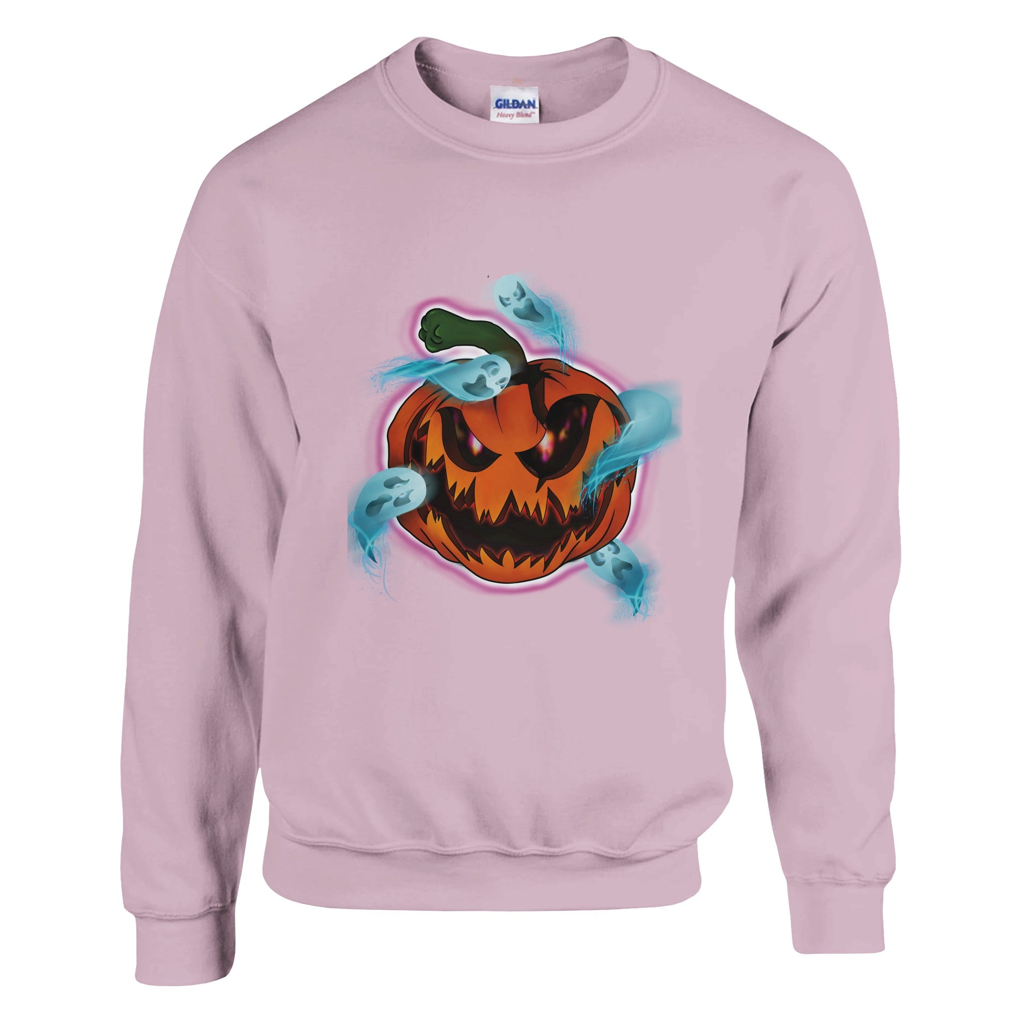 A unisex sweatshirt featuring a bright orange haunted pumpkin graphic with the phrase "Pumpkin Possession" printed on the front.



