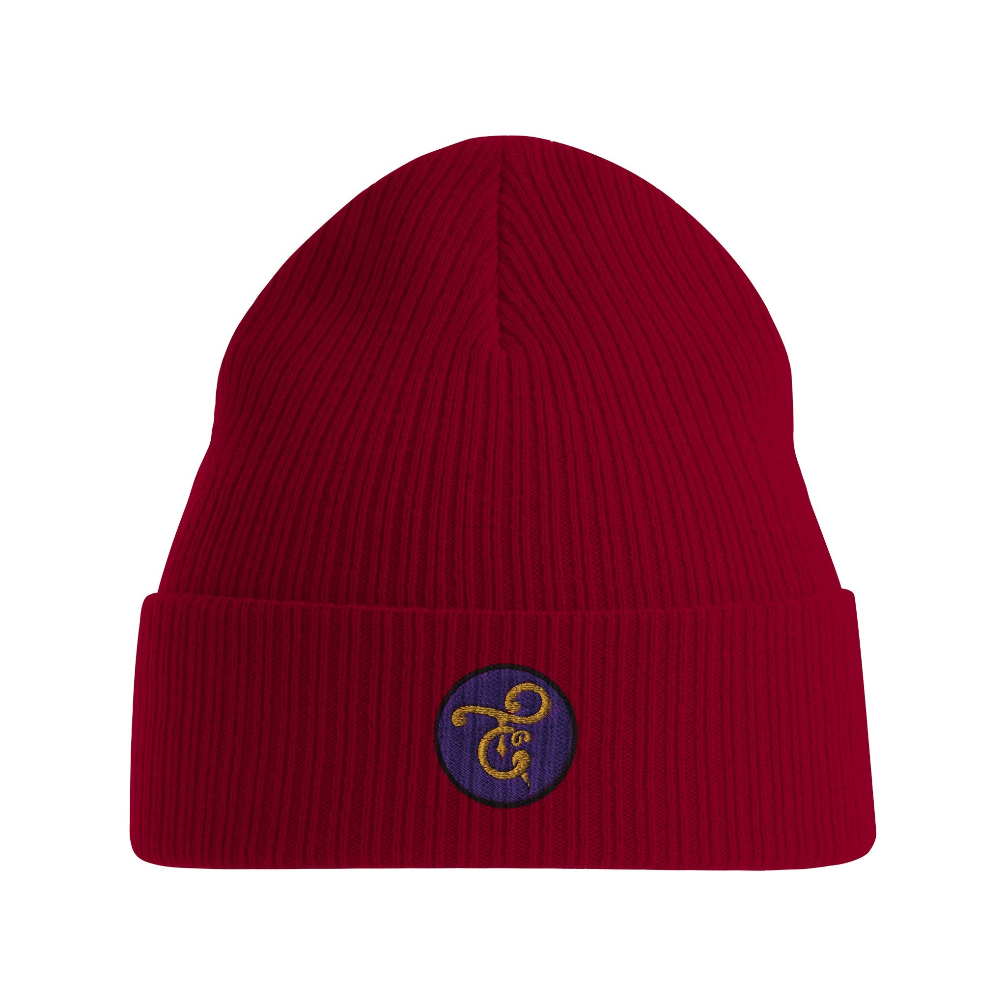 A black knit beanie featuring the Tafanji Creations logo embroidered on the front in white thread, displayed on a neutral background.

