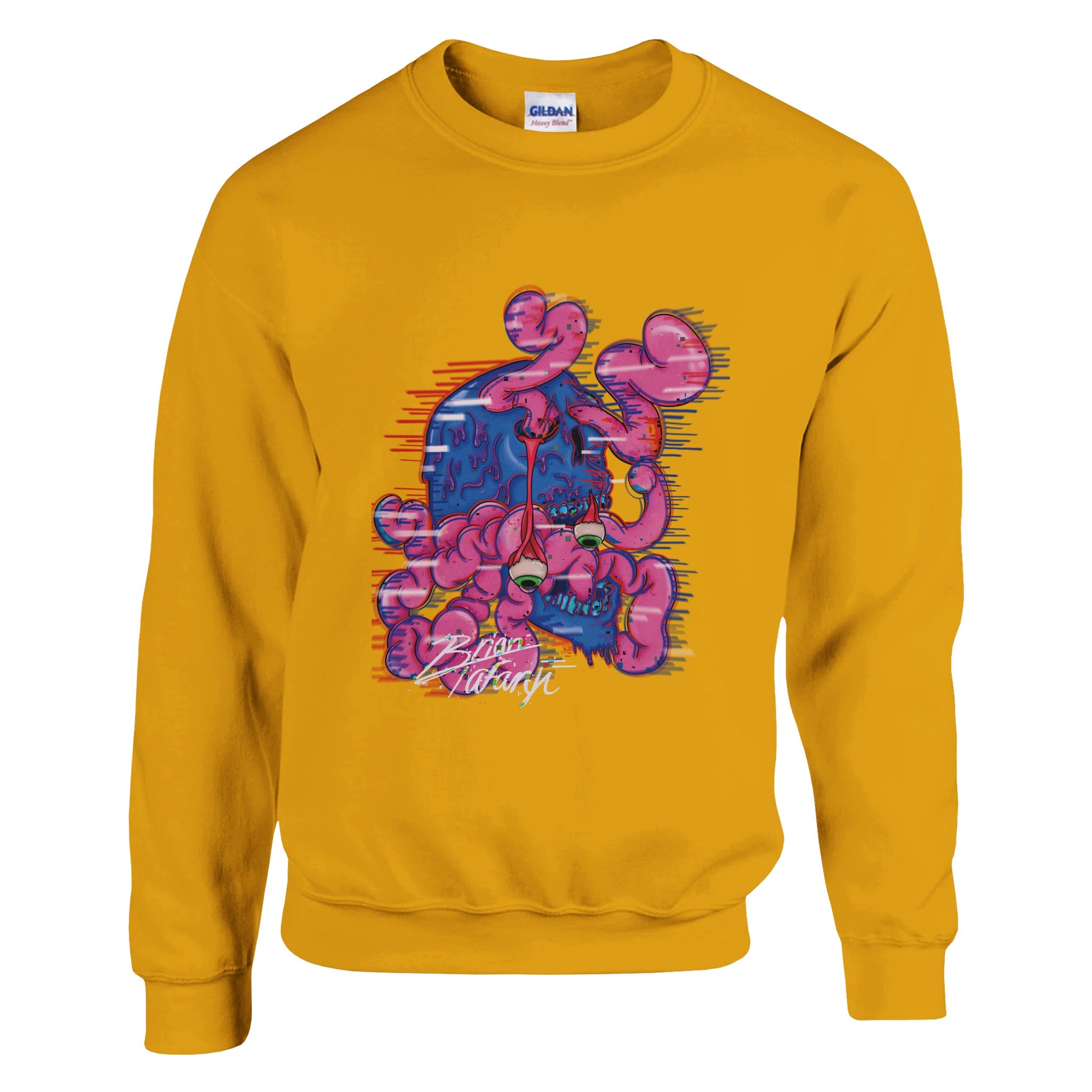 A crewneck sweatshirt with a vibrant graphic of a colorful brain explosion bursting from the top of a head, symbolizing creativity and bold expression.
