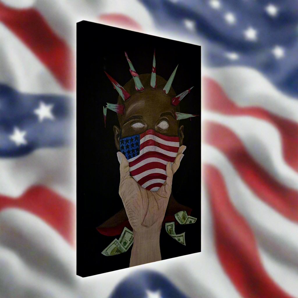 A gallery-wrapped canvas print titled “The Great American Disease,” featuring symbolic artwork addressing American societal issues in bold, expressive colors.