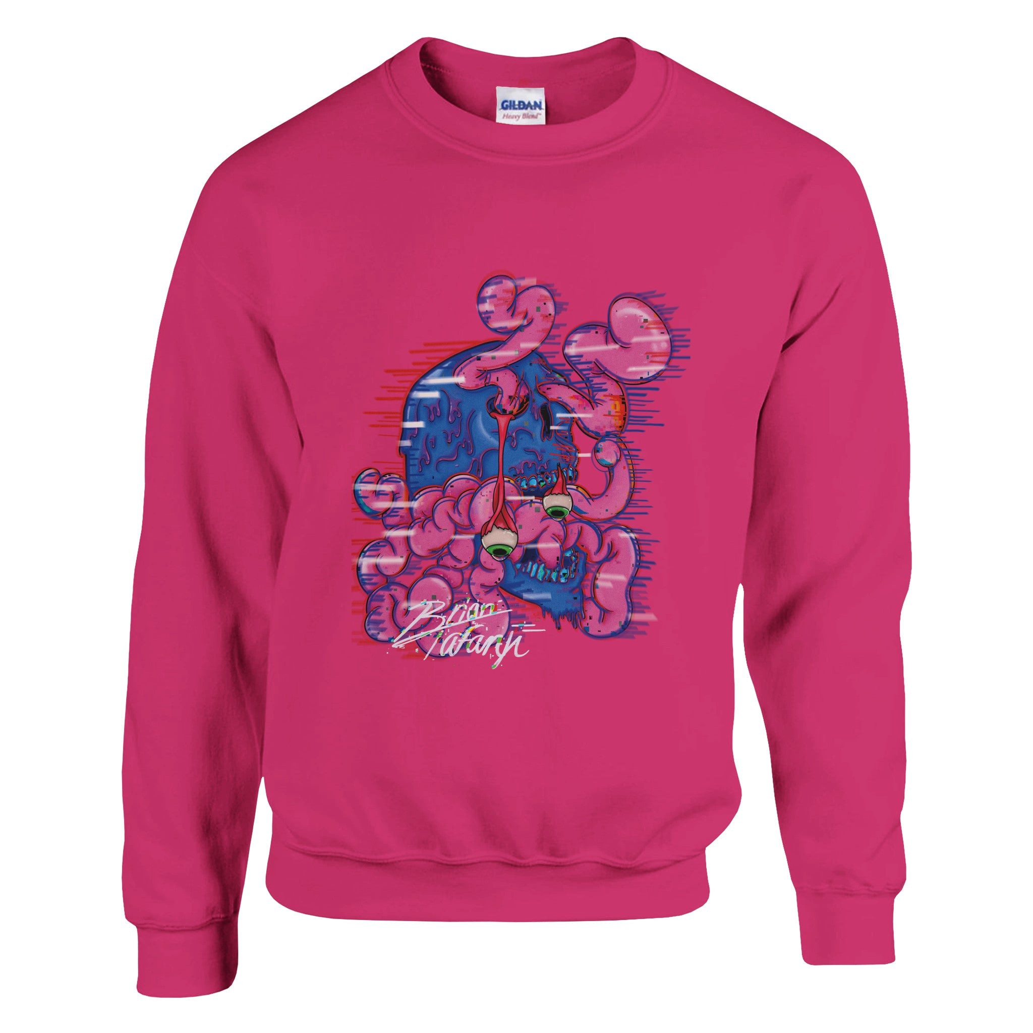 A crewneck sweatshirt with a vibrant graphic of a colorful brain explosion bursting from the top of a head, symbolizing creativity and bold expression.