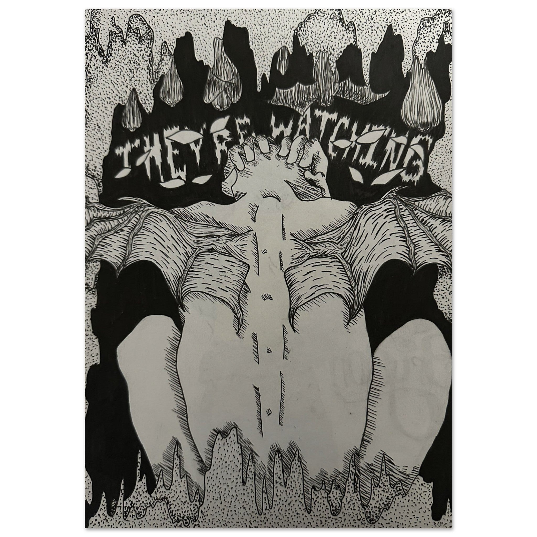 An unframed art print of Bat Man standing in a moody city backdrop, depicted with dramatic shadows and intense, detailed comic-style artwork.

