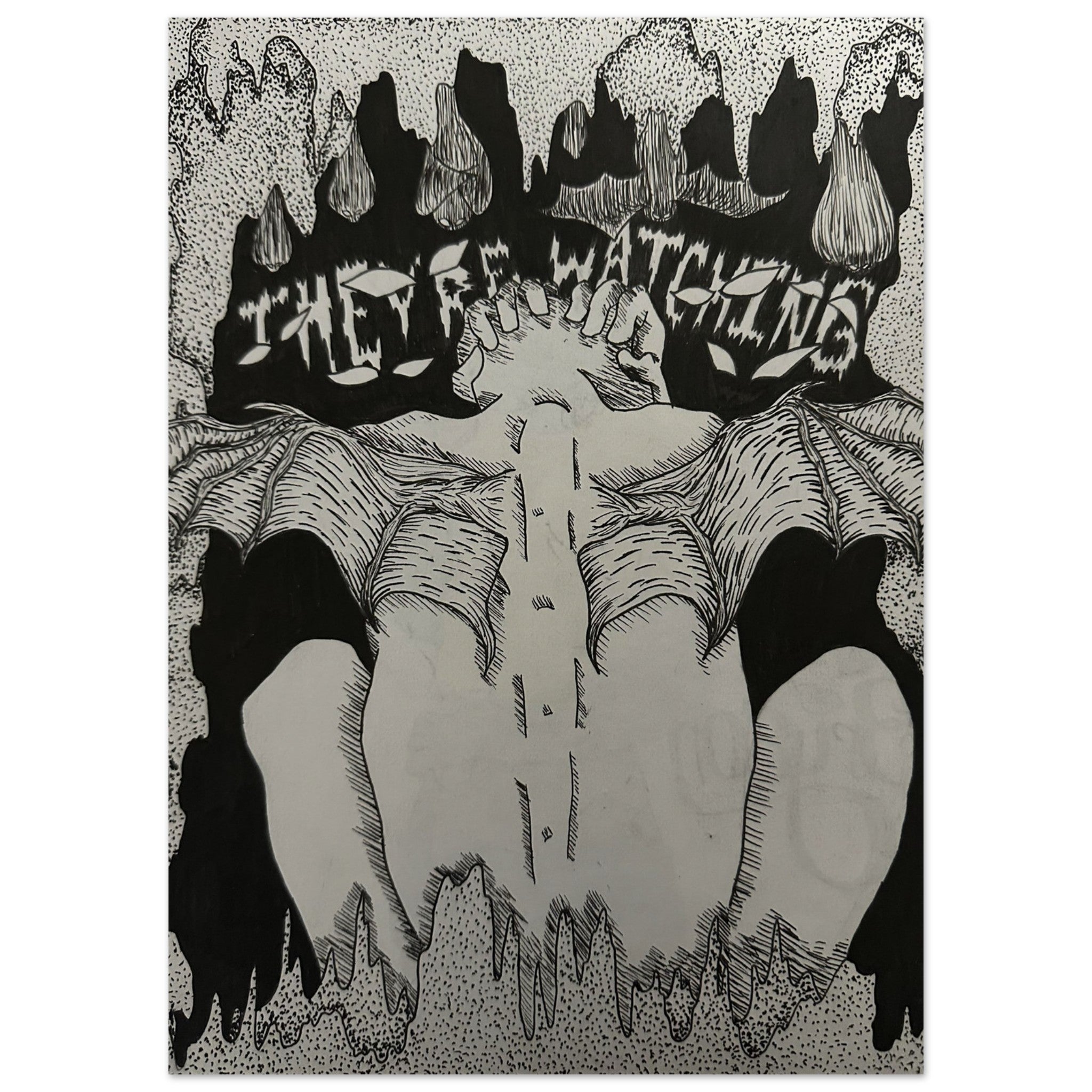 An unframed art print of Bat Man standing in a moody city backdrop, depicted with dramatic shadows and intense, detailed comic-style artwork.

