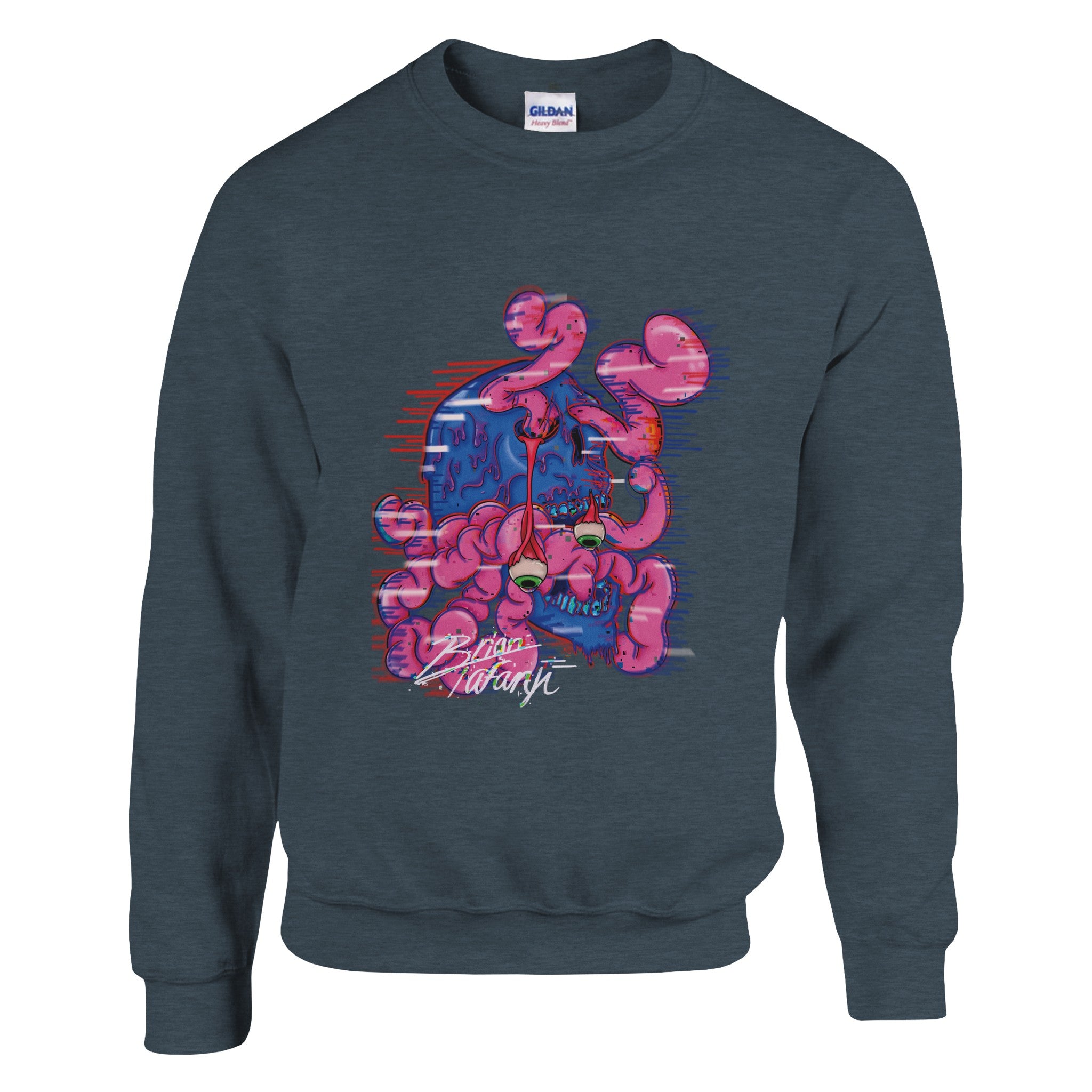 A black crewneck sweatshirt with a vibrant graphic of a colorful brain explosion bursting from the top of a head, symbolizing creativity and bold expression.

