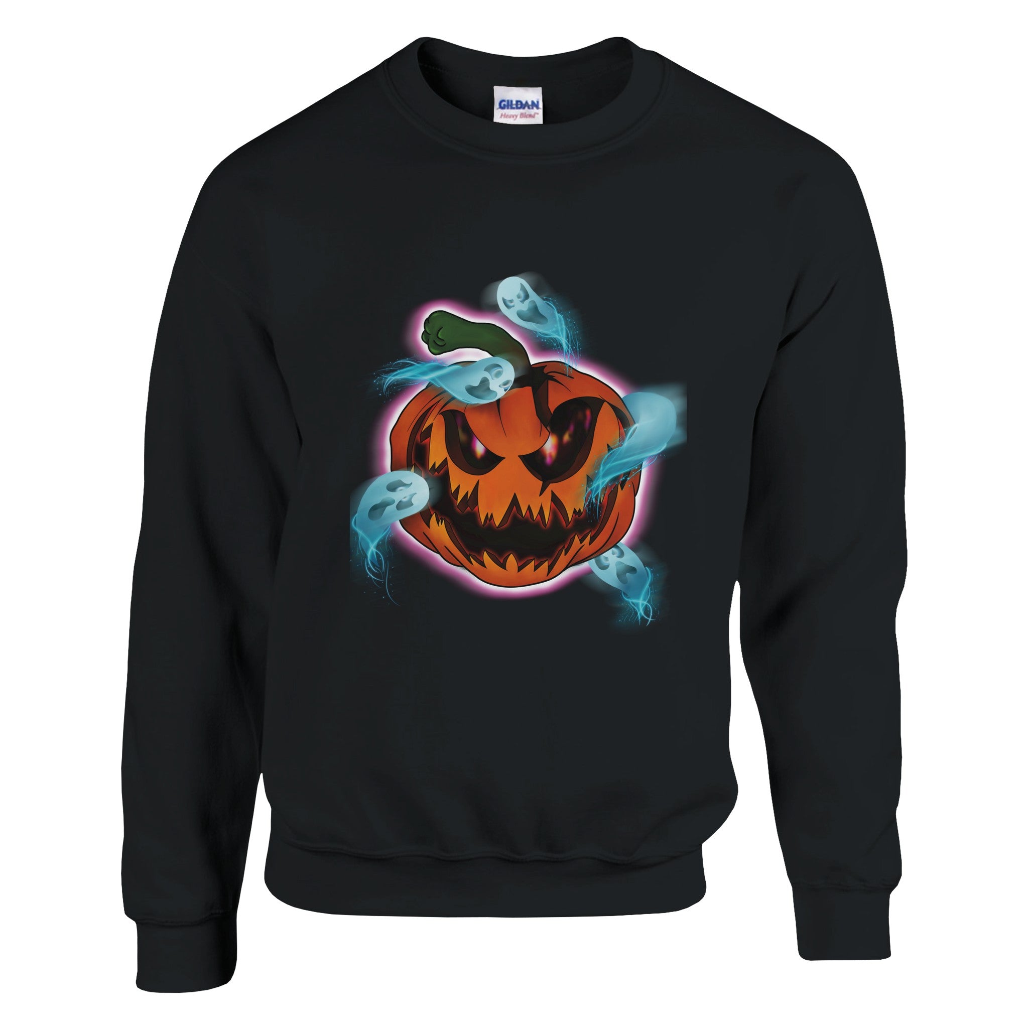 A Black unisex sweatshirt featuring a bright orange haunted pumpkin graphic with the phrase "Pumpkin Possession" printed on the front.


