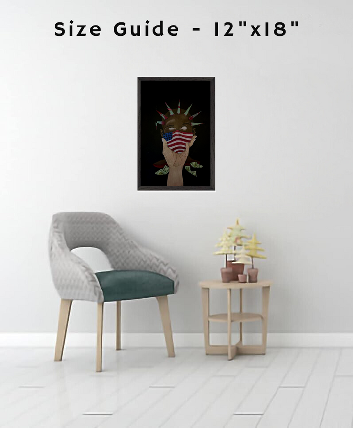 A framed art print titled “The Great American Disease,” depicting abstract symbols of modern American struggles in vivid, contrasting colors.