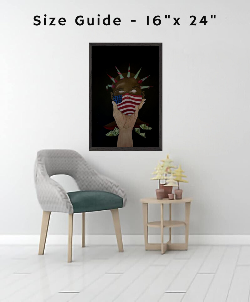 A gallery-wrapped canvas print titled “The Great American Disease,” featuring symbolic artwork addressing American societal issues in bold, expressive colors.