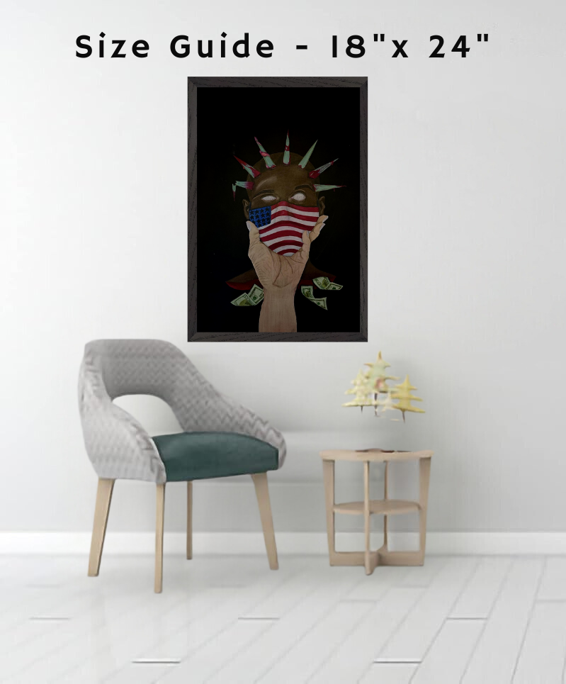 A framed art print titled “The Great American Disease,” depicting abstract symbols of modern American struggles in vivid, contrasting colors.