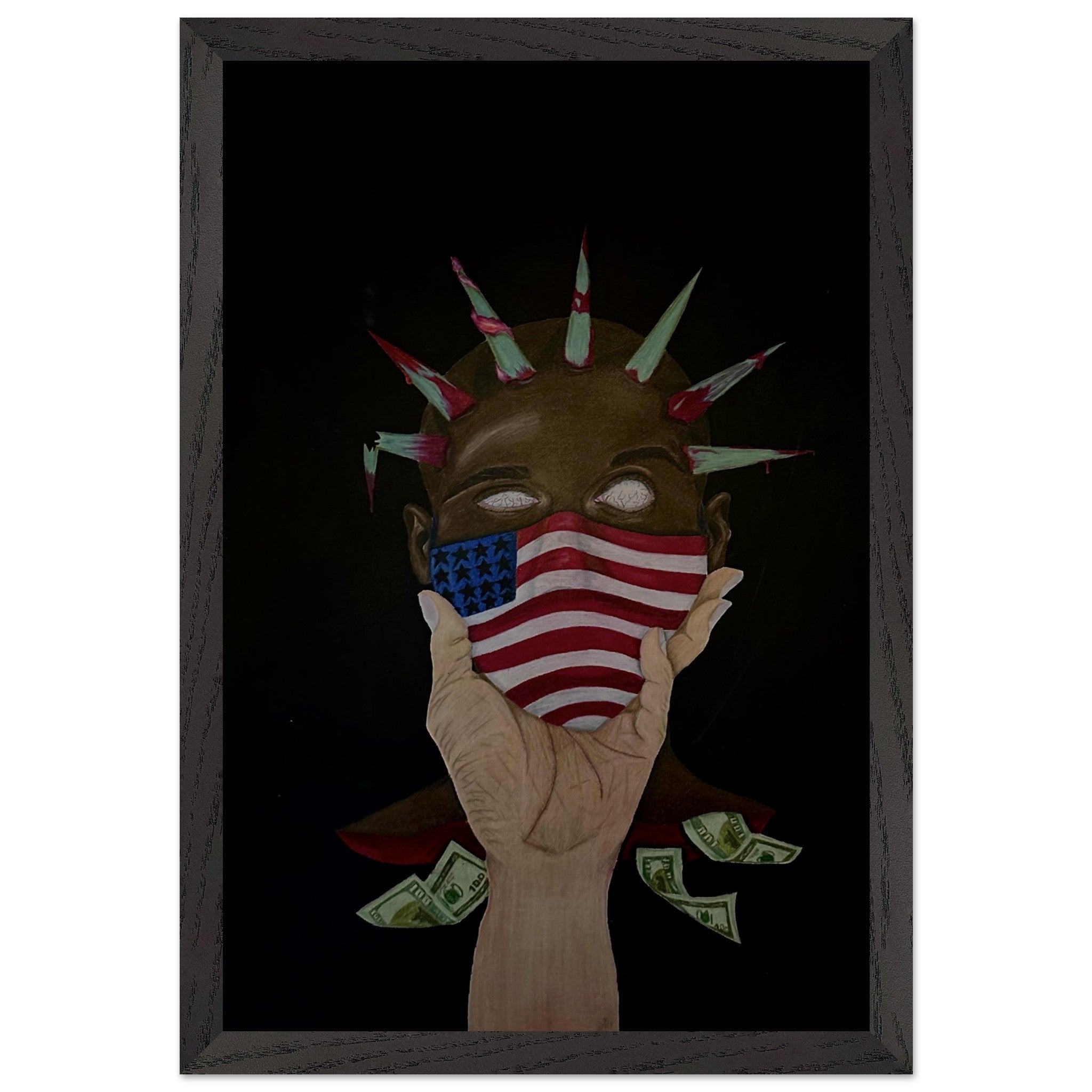 A gallery-wrapped canvas print titled “The Great American Disease,” featuring symbolic artwork addressing American societal issues in bold, expressive colors.