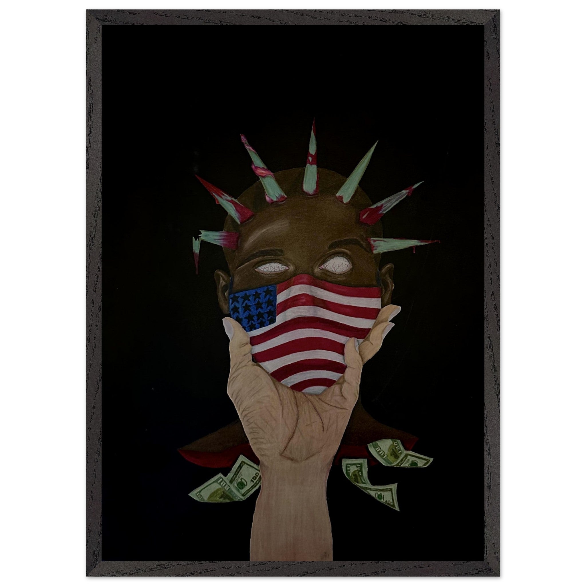 A framed art print titled “The Great American Disease,” depicting abstract symbols of modern American struggles in vivid, contrasting colors.