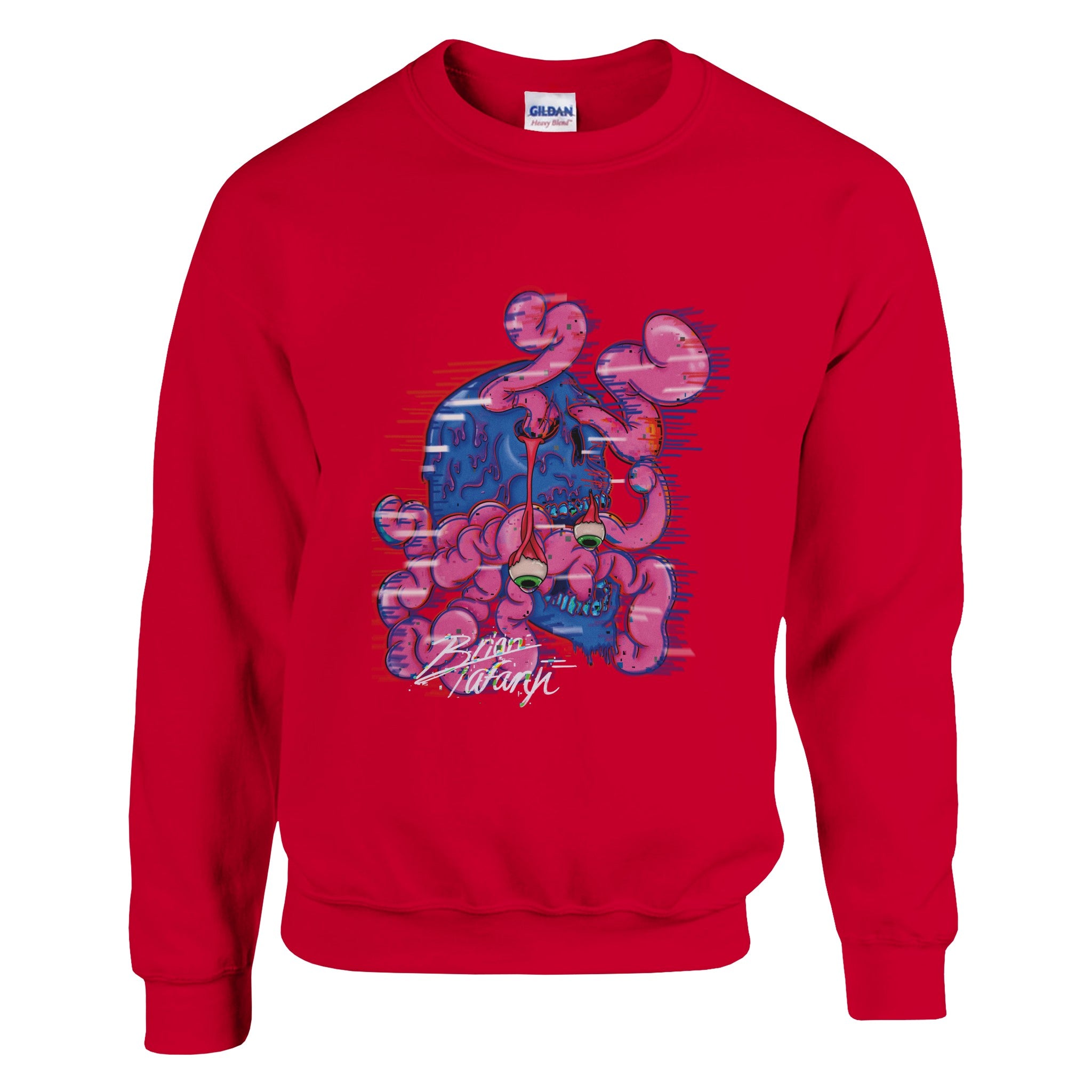 A crewneck sweatshirt with a vibrant graphic of a colorful brain explosion bursting from the top of a head, symbolizing creativity and bold expression.