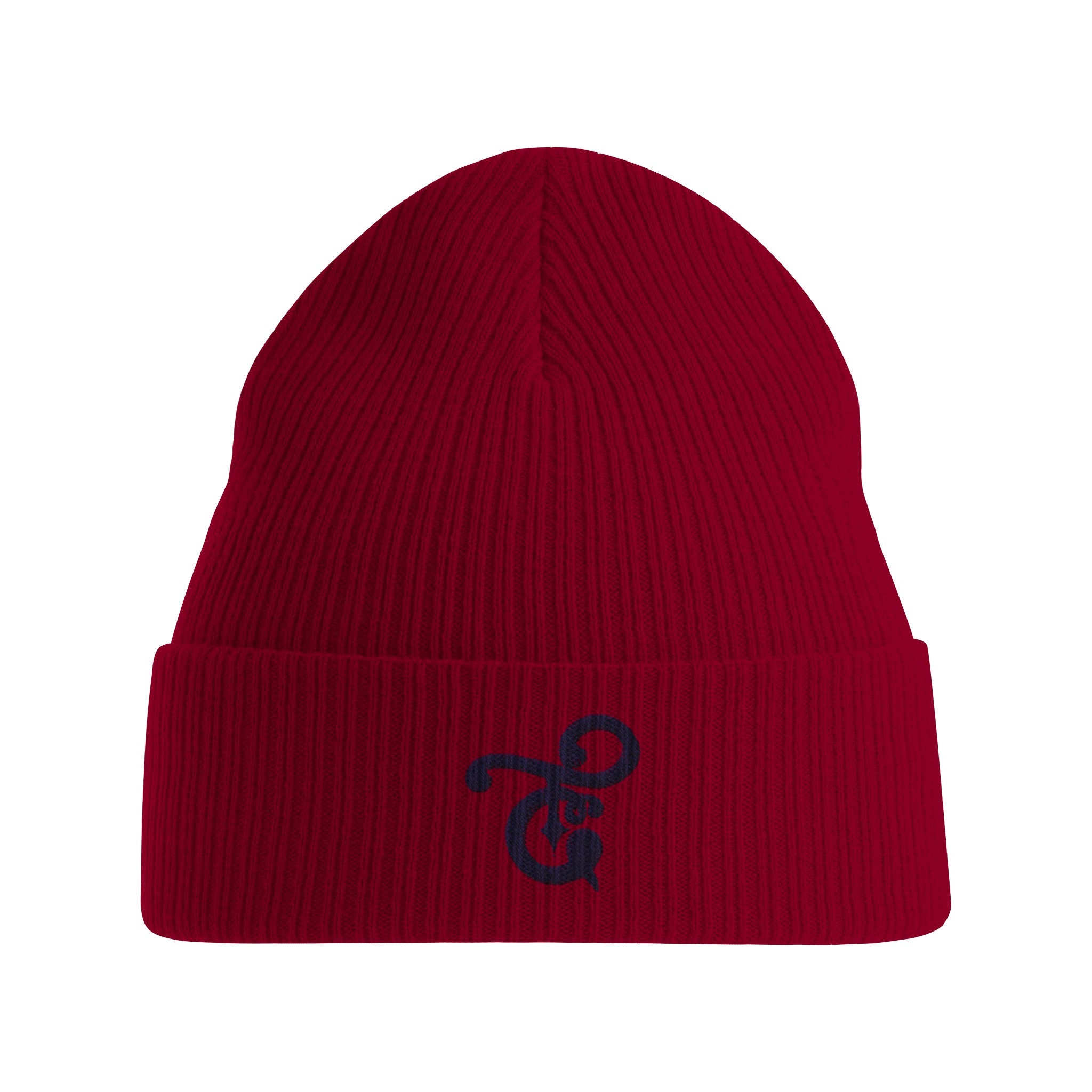 A black knit beanie featuring the Tafanji Creations logo embroidered on the front in white thread, displayed on a neutral background.

