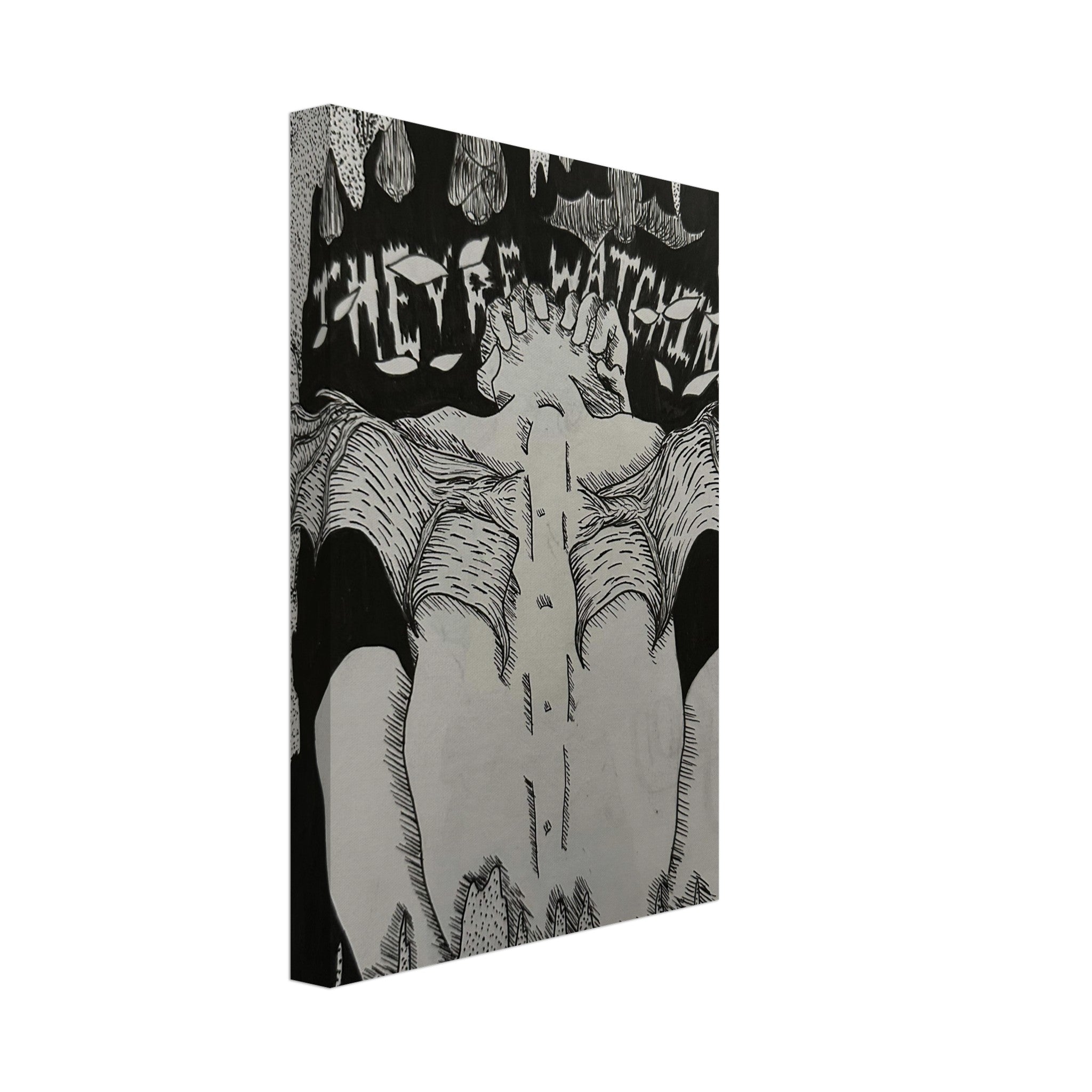 A dramatic canvas print of Bat Man in a dark, moody cityscape, rendered in deep tones and shadows, capturing his iconic silhouette and powerful presence.