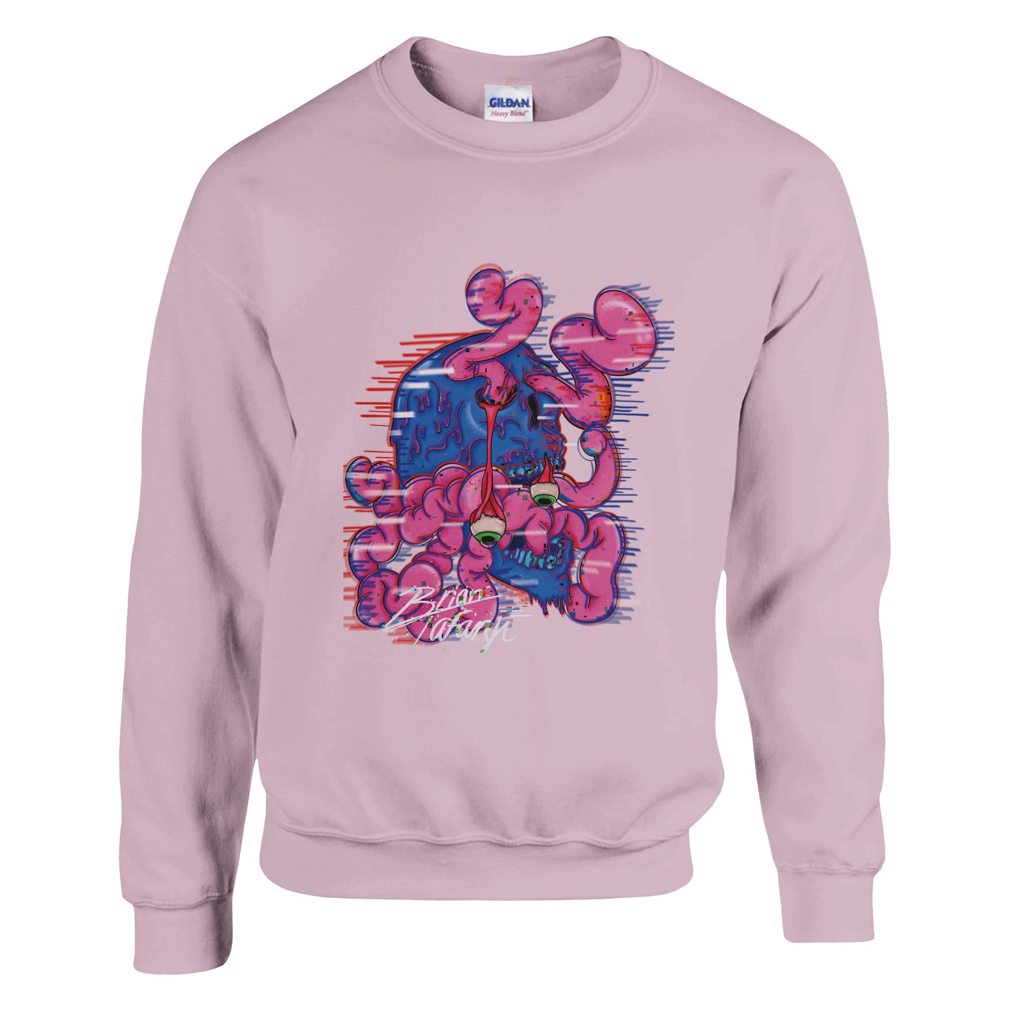 A black crewneck sweatshirt with a vibrant graphic of a colorful brain explosion bursting from the top of a head, symbolizing creativity and bold expression.
