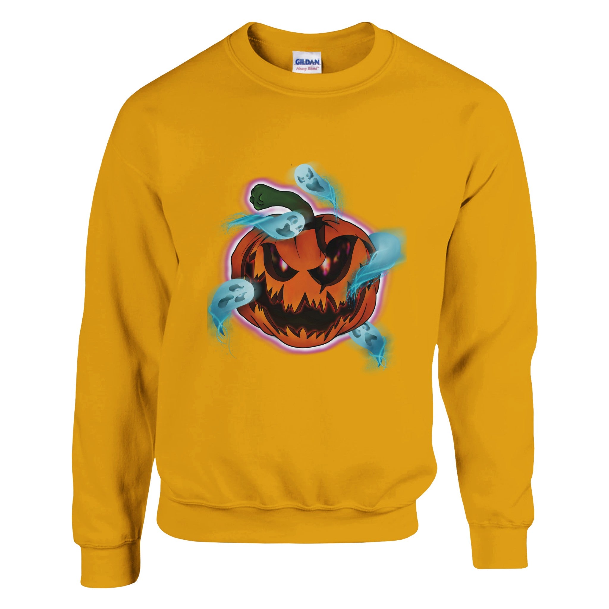 A unisex sweatshirt featuring a bright orange haunted pumpkin graphic with the phrase "Pumpkin Possession" printed on the front.


