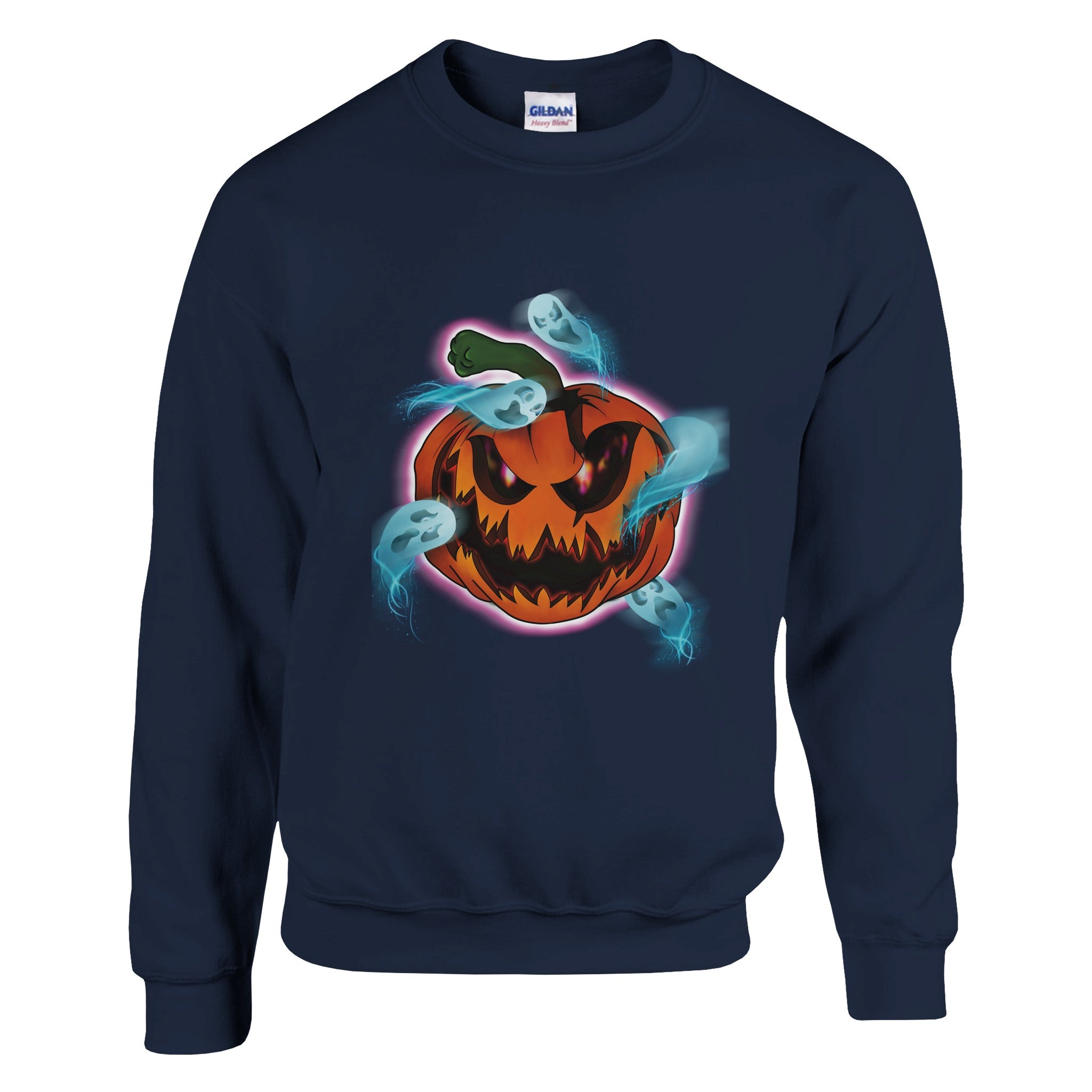 A unisex sweatshirt featuring a bright orange haunted pumpkin graphic with the phrase "Pumpkin Possession" printed on the front.

