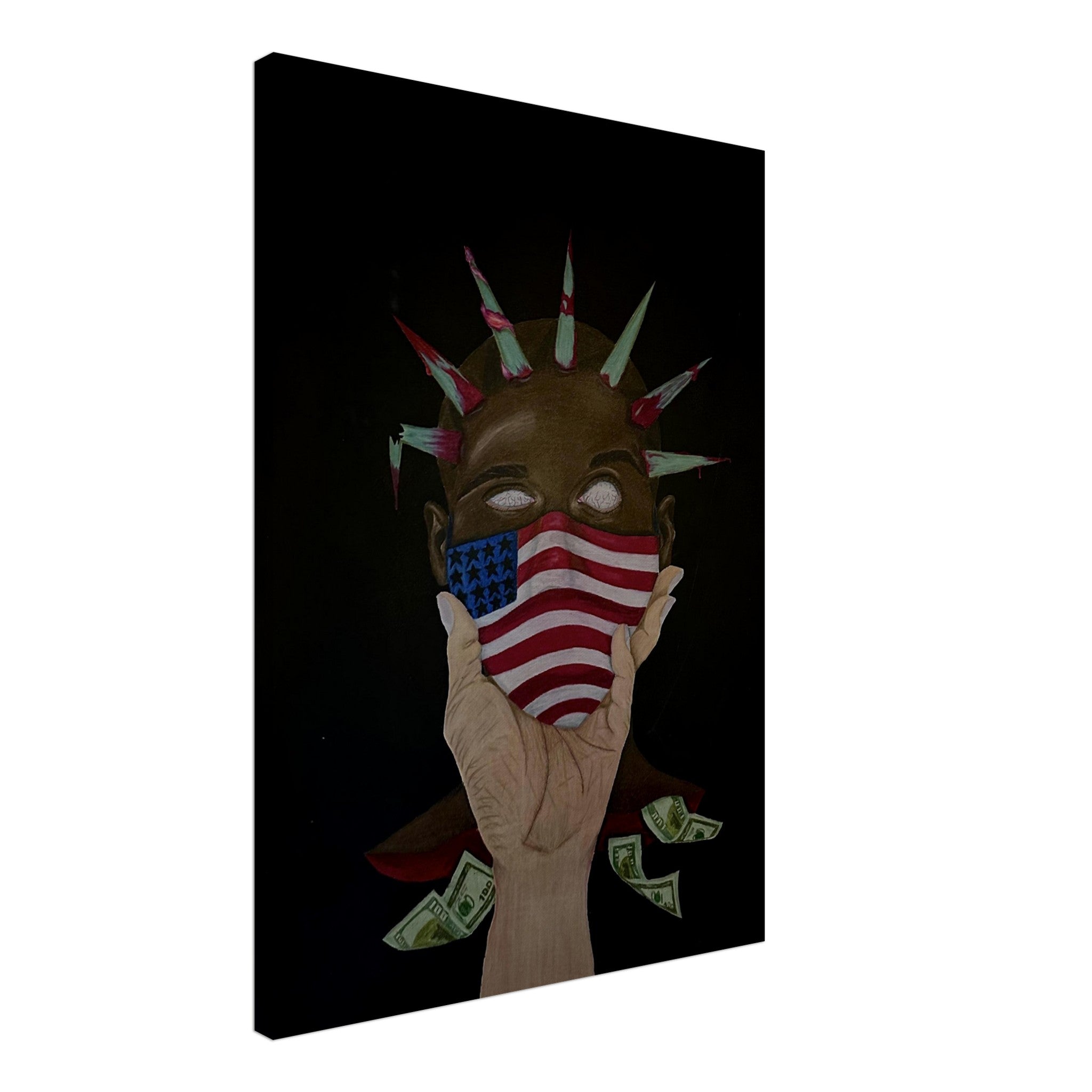 A gallery-wrapped canvas print titled “The Great American Disease,” featuring symbolic artwork addressing American societal issues in bold, expressive colors.