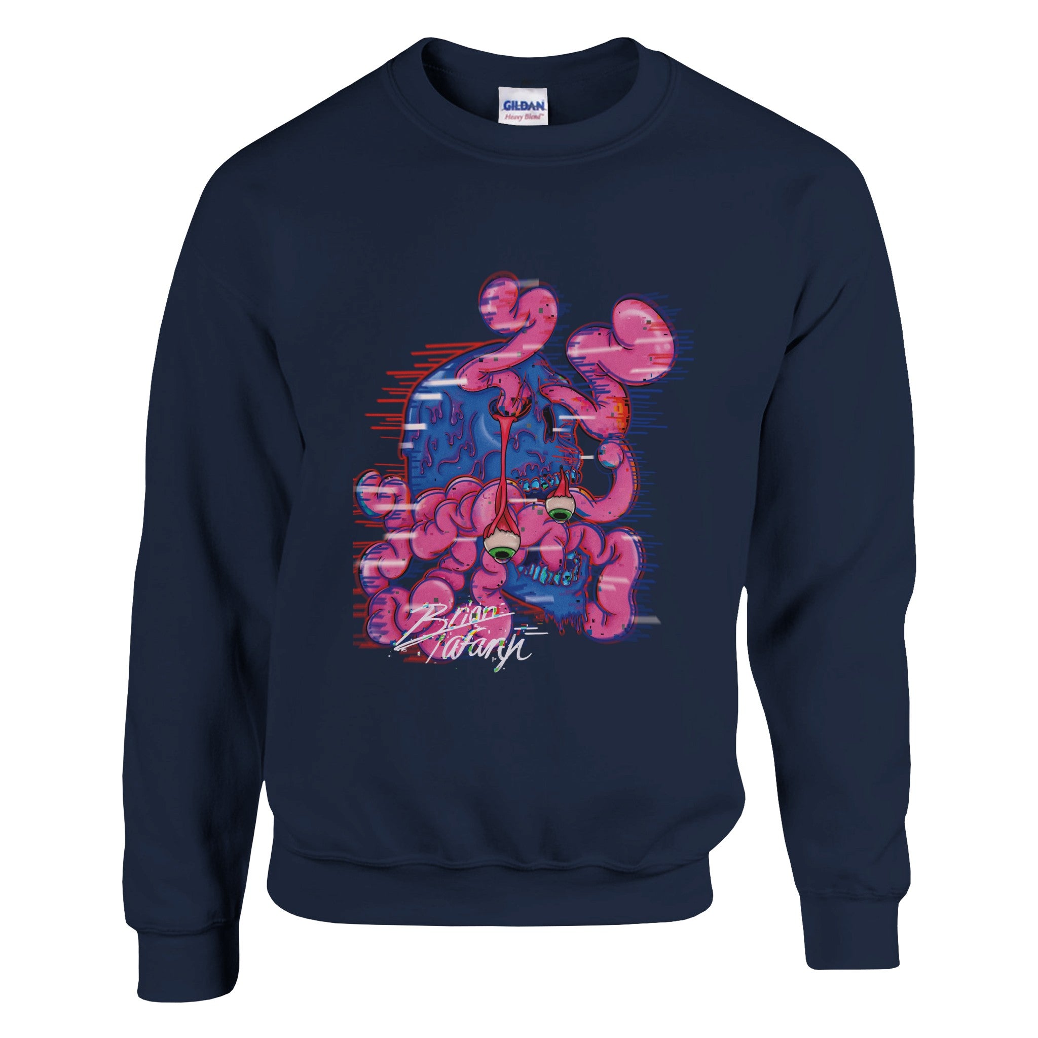 A crewneck sweatshirt with a vibrant graphic of a colorful brain explosion bursting from the top of a head, symbolizing creativity and bold expression.
